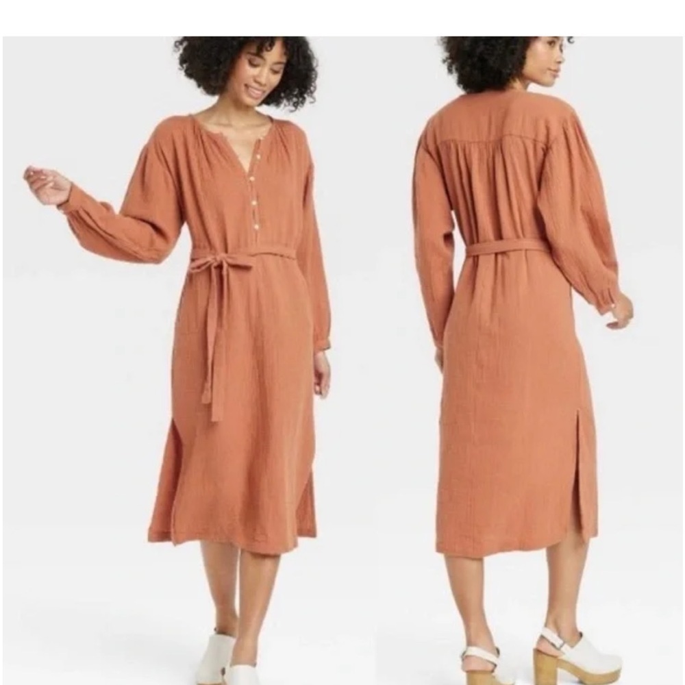 Universal Thread Orange Buttoned Midi Dress with Bishop Sleeves NWT
